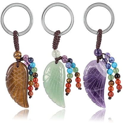 7 Chakra Natural Pendant Keychain, with Platinum Tone Alloy Key Rings and Gemstone Round Beads