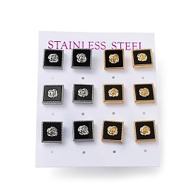6 Pair 2 Color Square & Flower Acrylic Stud Earrings, 304 Stainless Steel Earrings