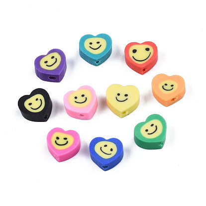 Handmade Polymer Clay Beads, Heart with Smile