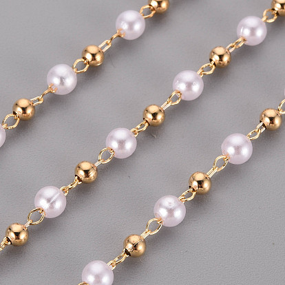 Handmade Brass Beaded Chains, with ABS Plastic Imitation Pearl Beads, Soldered, Spool, Round
