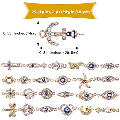 50 piezas 25 eslabones de diamantes de imitación de cristal de aleación de estilo, con esmalte y mal de ojo, sin plomo y cadmio, forma mixta
