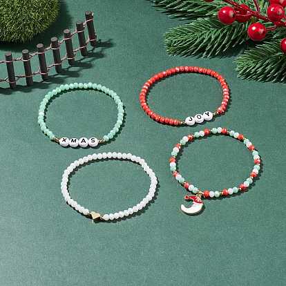 4Pcs 4 Style Glass Stretch Bracelets Set with Word Xmas Joy Acrylic Beads, Christmas Moon Alloy Charm Bracelets for Women