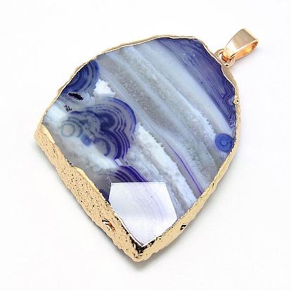 Electroplated Natural Striped Agate/Banded Agate Pendants, with Iron Findings, Dyed, Golden