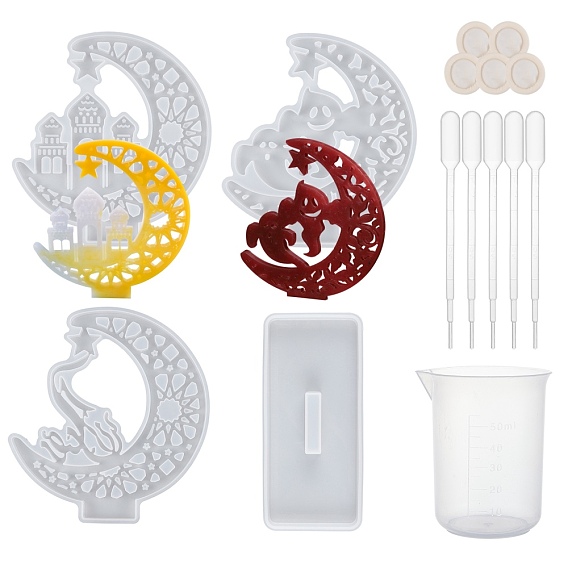 Olycraft DIY Crescent Castle Silicone Molds Kits, for UV Resin, Epoxy Resin, Desktop Decorations Making, with Latex Finger Cots, Plastic Measuring Cup & Pipettes