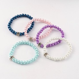 Round Glass Pearl Beaded Stretch Bracelets, with Tibetan Style Alloy Tube Bails, Antique Silver, 48mm