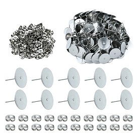 100Pcs 304 Stainless Steel Stud Earring Findings, Flat Round Pad Base Earring Settings, with 100Pcs Friction Ear Nuts