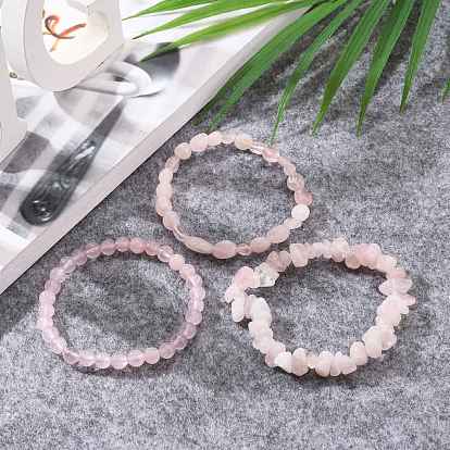 Natural Rose Quartz Stretch Bracelets, Stackable Bracelets, Round & Chips Shapes