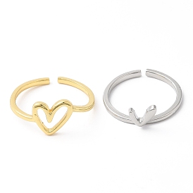 2Pcs 2 Style Rack Plating Brass Heart Open Cuff Rings Set, Couple Rings for Valentine's Day, Lead Free & Cadmium Free