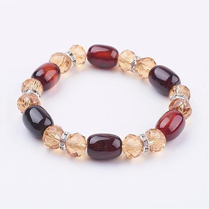 Natural Agate and Glass Stretch Bracelets, with Brass Rhinestone Findings
