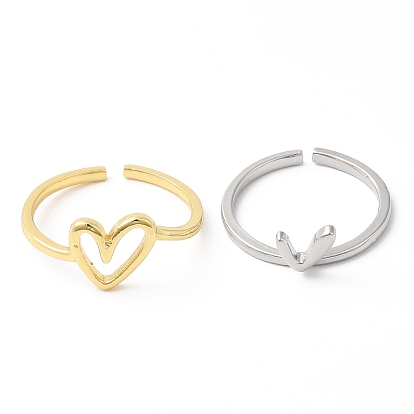 2 piezas 2 conjunto de anillos de puño abiertos de corazón de latón chapado en estante, anillos de pareja para el día de san valentín, sin plomo y el cadmio