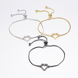 Adjustable Brass Bolo Bracelets, Slider Bracelets, with Cubic Zirconia and Box Chains, Heart