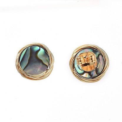Abalone Shell/Paua Shell Stud Earrings, with Copper Wire, Brass Stud Earring Findings and Ear Nuts, with Cardboard Packing Box, Flat Round