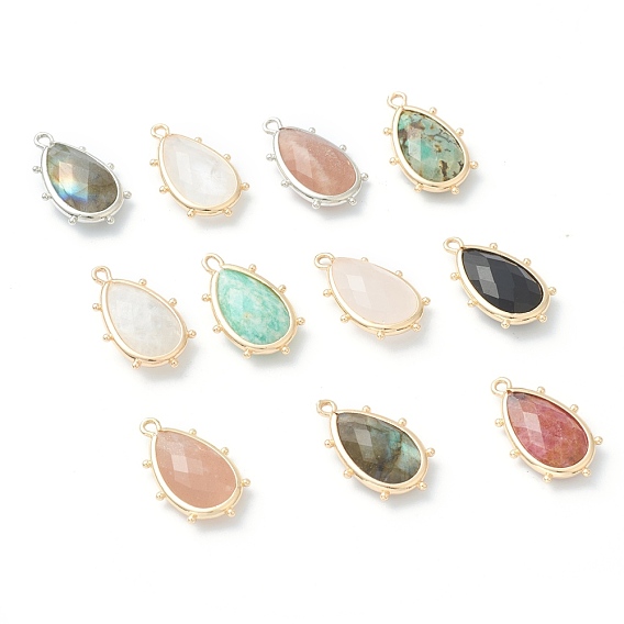 Natural Mixed Gemstone Pendants, with Brass Edge, Faceted, Teardrop