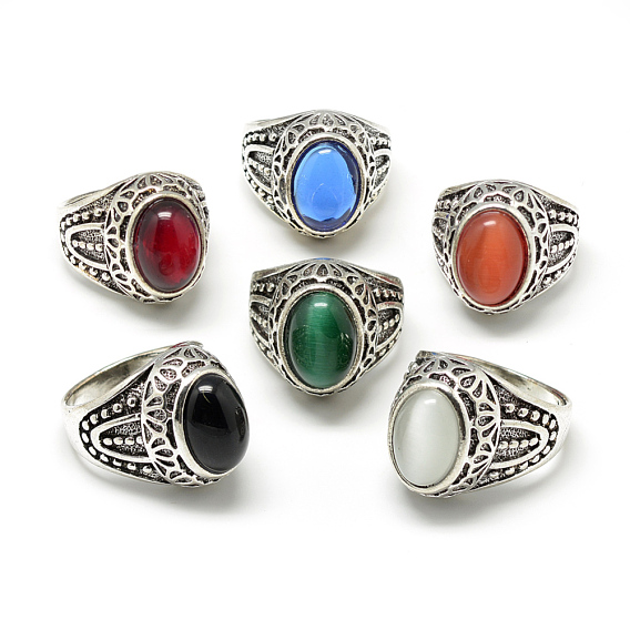 Glass Wide Band Rings, with Alloy Ring Findings, Oval, Antique Silver, Size 7~11