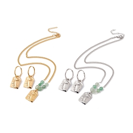 Boucles d'oreilles pendantes à visage abstrait et collier pendentif avec aventurine verte naturelle, 304 ensemble de bijoux en acier inoxydable pour femmes