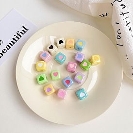 Perles d'émail acrylique colorées opaques, cube avec perles coeur