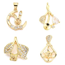 Brass Micro Cubic Zirconia Peg Bail Charms, for Baroque Pearl Making, Leaf/Flower/Rabbit
