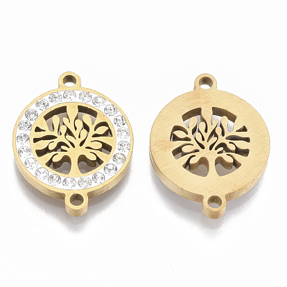 201 Stainless Steel Links Connectors, with Polymer Clay Crystal Rhinestone, Flat Round with Tree of Life