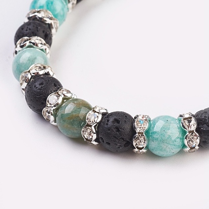 Natural Gemstone Stretch Bracelets, with Brass Rhinestone Spacer Beads