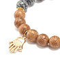 Natural Wenge Wood & Gemstone Beaded Stretch Bracelet with Hamsa Hand with Evil Eye Charm, Yoga Jewelry for Women