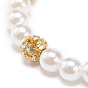 ABS Plastic Pearl & Brass Round Beaded Stretch Bracelet with Clear Rhinestone for Women