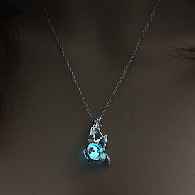 Alloy Mermaid Cage Pendant Necklace with Synthetic Luminaries Stone, Glow In The Dark Jewelry for Women