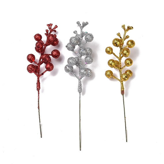 Plastic Imitation Fruit Stem Accessories, with Iron and Foam Finding, Glitter Powder, for DIY Christmas Tree, Wreath, Party Decoration
