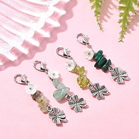 Natural Malachite & Prehnite & Peridot & Green Aventurine Chip Pendant Decorations, Alloy Clover and Lobster Claw Clasps Charms for Bag Ornaments
