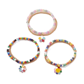 3Pcs 3 Styles Glass Seed Double Layer Multi-strand Bracelets Set, Stretch Bracelets with Alloy Enamel Flower Charms