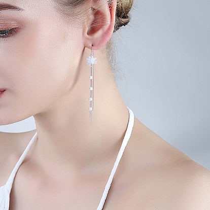 Crystal Rhinestone Flower with Shell Pearl Beaded Tassel Dangle Earrings, 925 Sterling Silver Long Drop Ear Thread for Women