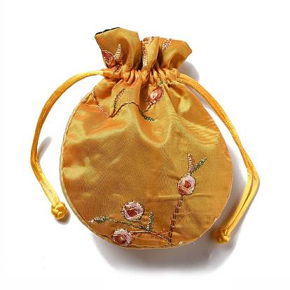 Chinese Brocade Packing Pouches, Drawstring Bags, Lining Random Color, Square with Flower Pattern