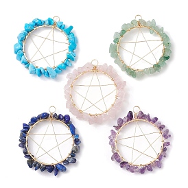 Pendentifs enveloppés de fil de cuivre de puces de pierres précieuses mélangées, charmes de pentacle, or et de lumière