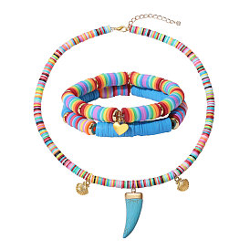 Stretch Bracelets and Pendant Necklace Jewelry Sets, with Handmade Polymer Clay Heishi Beads, Brass Spacer Beads, Alloy Findings and Synthetic Turquoise Pendants