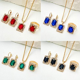 Rhinestone Jewerly Set, Golden Alloy Leverback Earrings & Pendant Necklace & Adjustable Ring