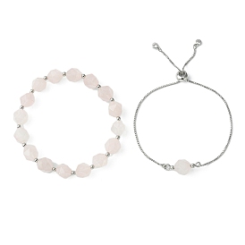 2 pcs 2 ensemble de bracelets extensibles en perles de quartz rose naturel de style, bracelets ajustables en laiton