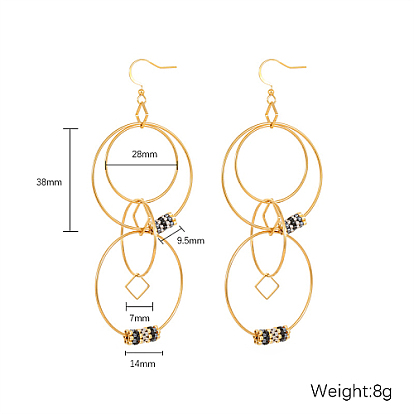 Golden 304 Stainless Steel Interlocking Rings Dangle Earrings, with Glass Seed Beaded