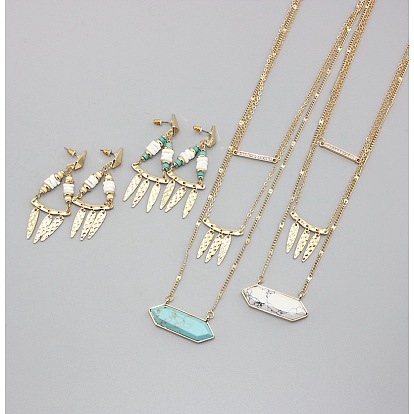 Turquoise Inlaid Triple Layer Necklace and Shell Bead Earrings Set