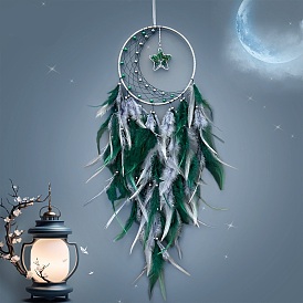Woven Web/Net with Feather Decorations, with Iron Ring and Natural Gemstone, Star Charm for Home Bedroom Hanging Decorations