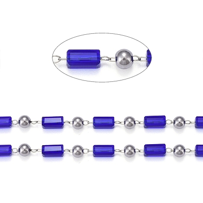 Handmade Glass Beaded Chains, Soldered, with Spool & 304 Stainless Steel Findings, Blue