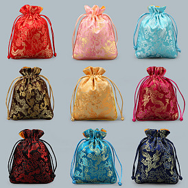 Chinese Style Silk Drawstring Jewelry Gift Bags, Jewelry Storage Pouches, Lining Random Color, Rectangle with Dragon Pattern