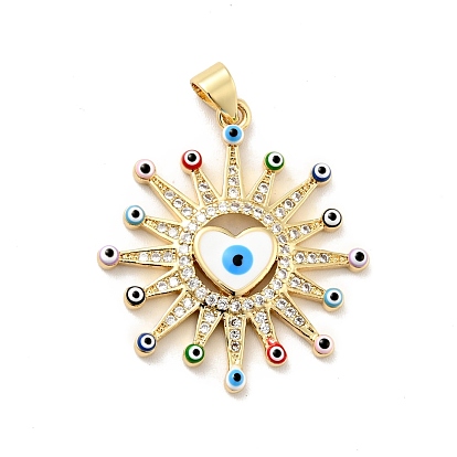 Rack Plating Brass Micro Pave Clear Cubic Zirconia Pendants, with Enamel, Cadmium Free & Lead Free, Sun with Evil Eye & Heart, Real 18K Gold Plated