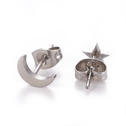 304 Stainless Steel Stud Earrings, Hypoallergenic Earrings, with Ear Nuts/Earring Back, Moon & Star