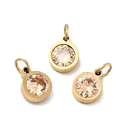 304 Stainless Steel Pendants, with Cubic Zirconia and Jump Rings, Single Stone Charms, Flat Round