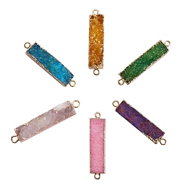 6Pcs 6 Colors Electroplated Natural Druzy Agate Links Connectors, Long-Lasting Plated, Real 18K Gold Plated, Rectangle, Golden