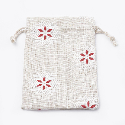 Bolsas de embalaje de poliéster (algodón poliéster) Bolsas con cordón, con copo de nieve impreso