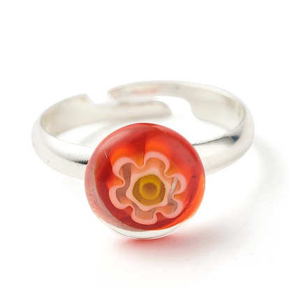 Цветочное плоское круглое регулируемое кольцо миллефиори из стекла, твердое латунное кольцо для женщин, платина