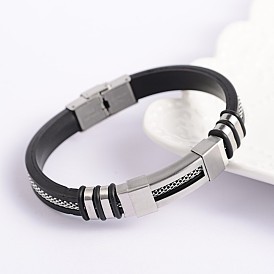 Trendy Unisex Black Color PU Leather Cord Bracelets, with 304 Stainless Steel Slider Charms and Watch Band Clasps, 215x9~12mm
