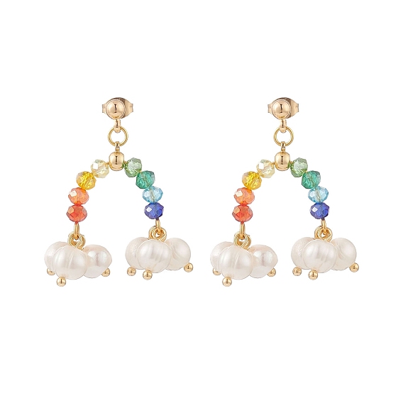Natural Pearl & Glass Beaded Rainbow & Cloud Dangle Stud Earrings, Brass Drop Earrings for Women