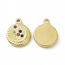 Vacuum Plating 201 Stainless Steel Pendants, with Rhinestone, Real 18K Gold Plated, Flat Round with Moon Charms