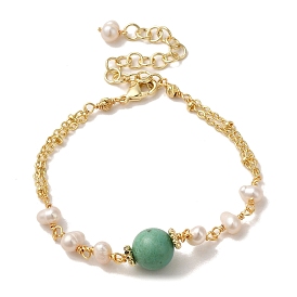 Bracelets à maillons ronds turquoise synthétique avec perle naturelle, avec des chaînes en laiton